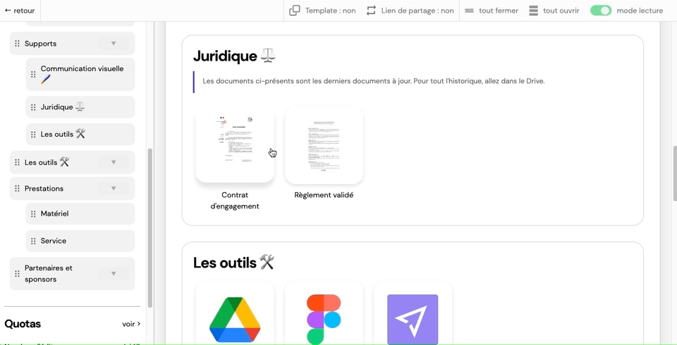 Éditeur d’espace de Toolzgather : plan des sections à gauche, sections Juridique et Les outils avec leurs documents.